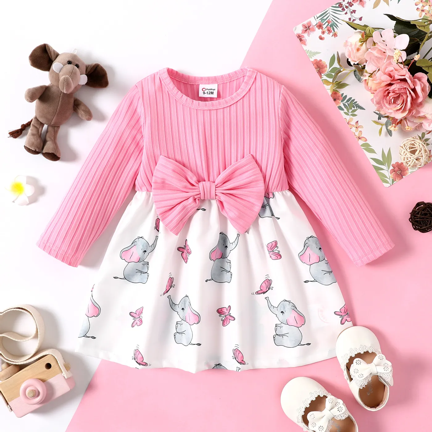 Baby Girl Allover Elephant Print & Solid Ribbed Bow Front Long-sleeve Dress Pink big image 1
