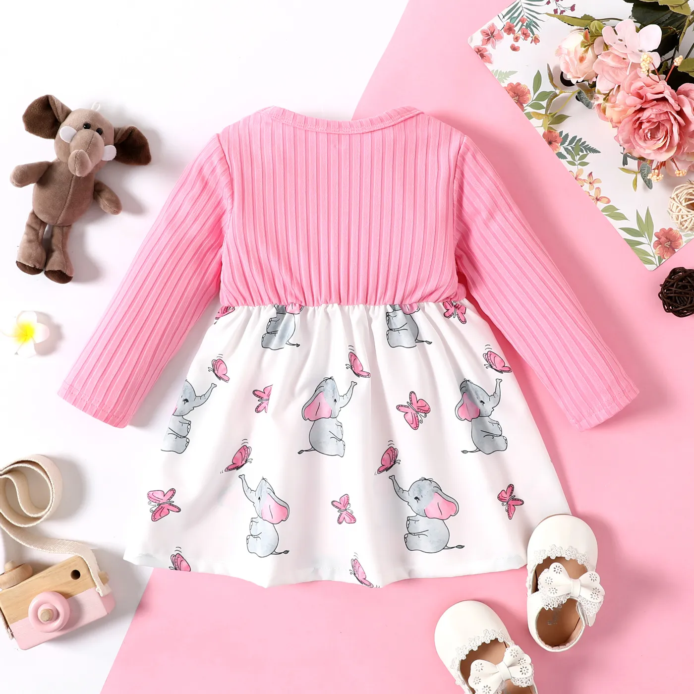 Baby Girl Allover Elephant Print & Solid Ribbed Bow Front Long-sleeve Dress Pink image 2