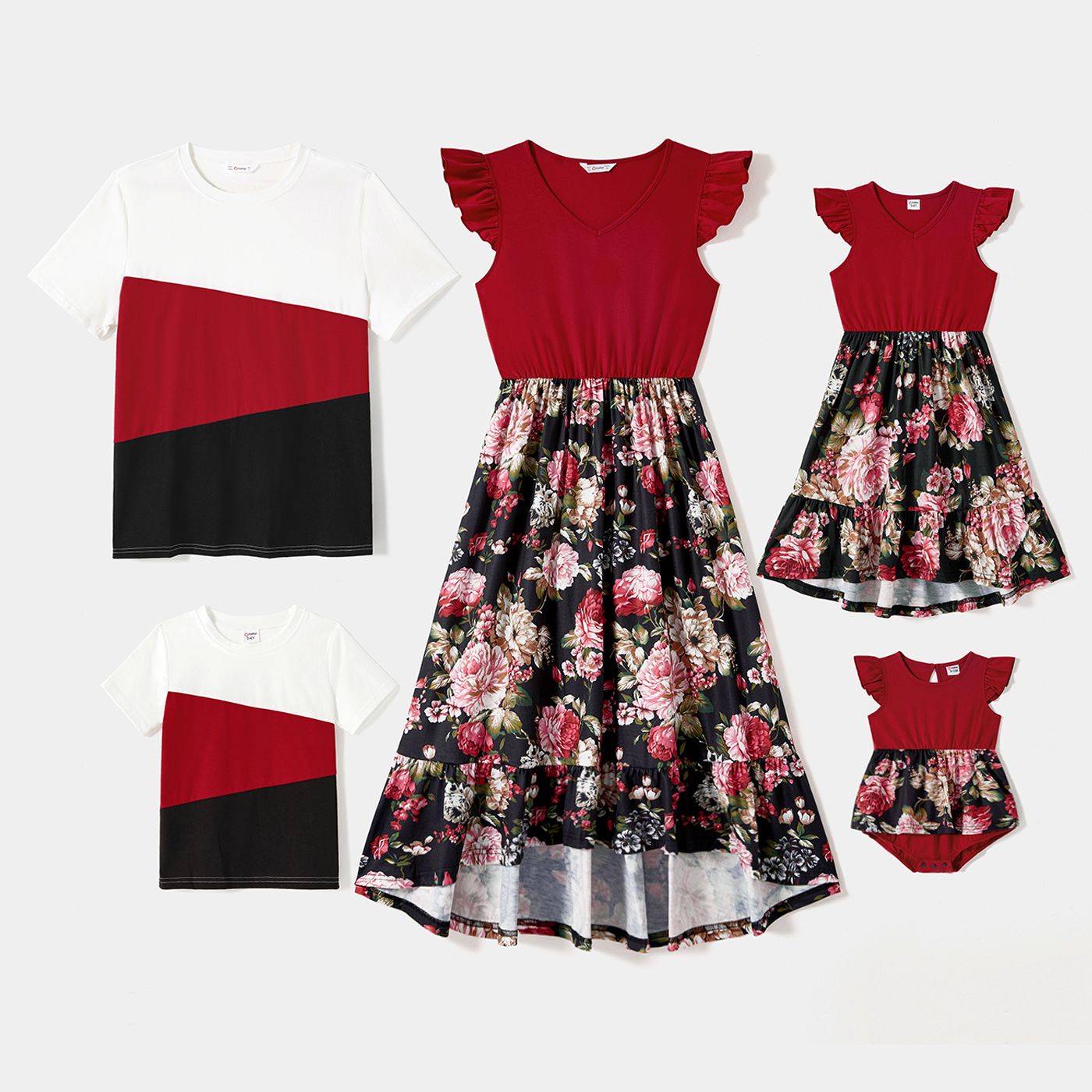 

Family Matching Floral Print Spliced Solid V Neck Flutter-sleeve Dresses and Short-sleeve Colorblock T-shirts Sets