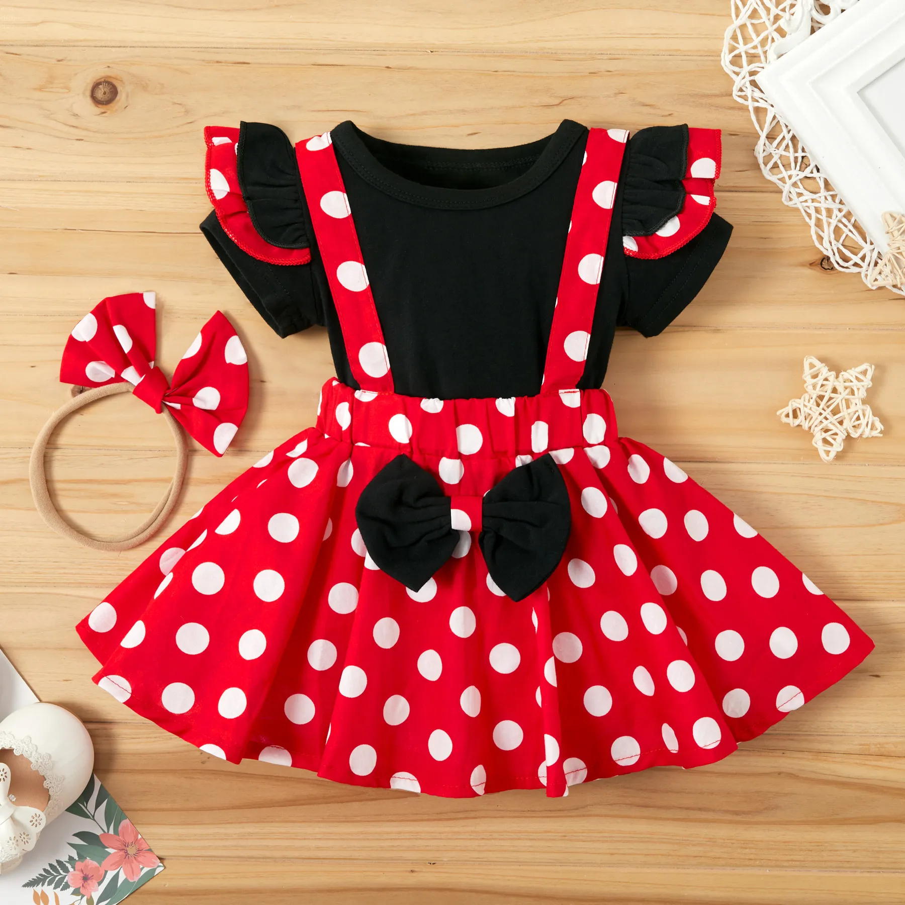 3pcs Baby Girl Cotton Ruffle Short-sleeve Top and Bow Front Polka Dot Suspender Skirt & Headband Set redblack big image 1