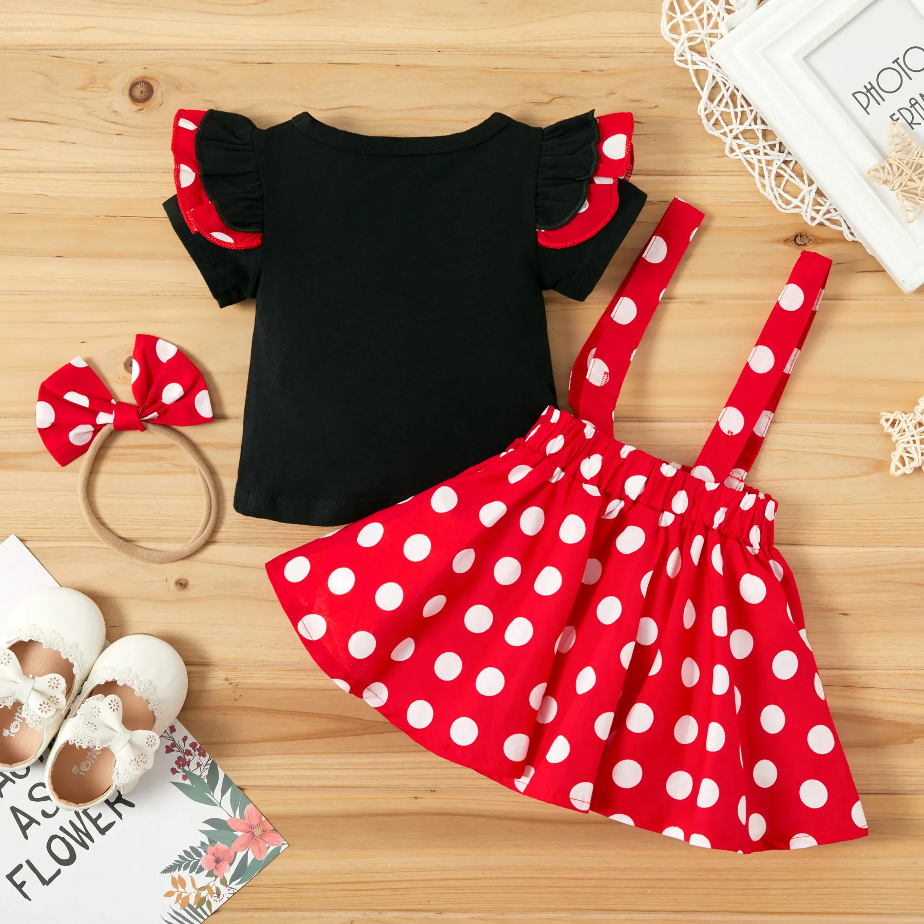3pcs Baby Girl Cotton Ruffle Short-sleeve Top and Bow Front Polka Dot Suspender Skirt & Headband Set redblack image 2