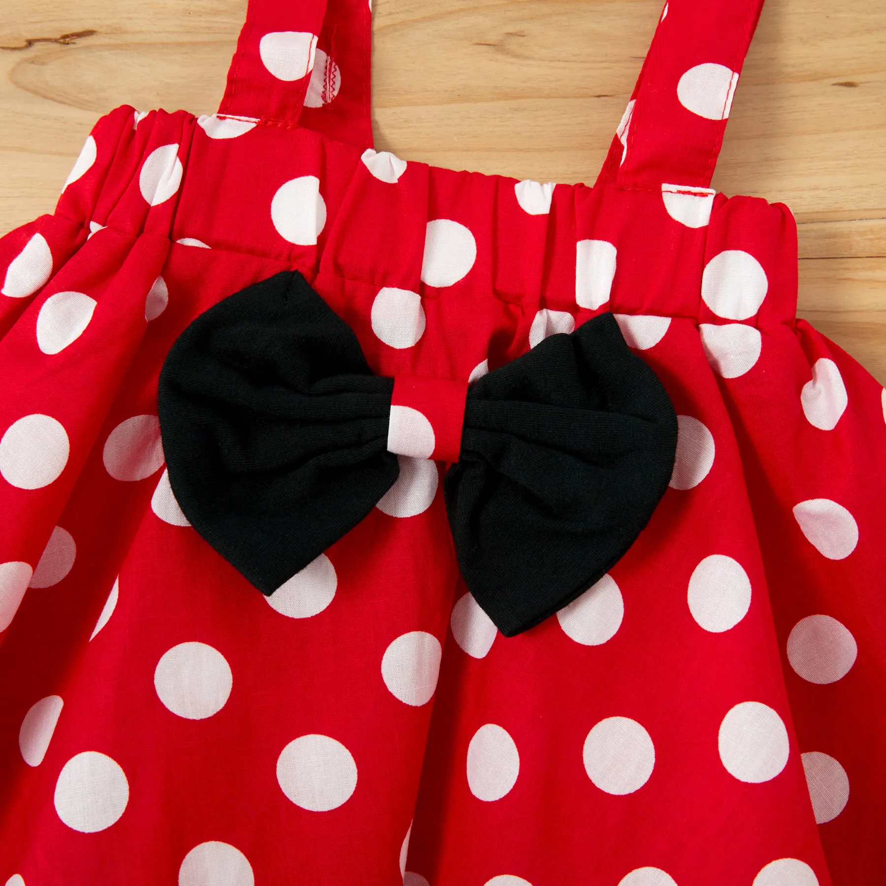 3pcs Baby Girl Cotton Ruffle Short-sleeve Top and Bow Front Polka Dot Suspender Skirt & Headband Set redblack image 4