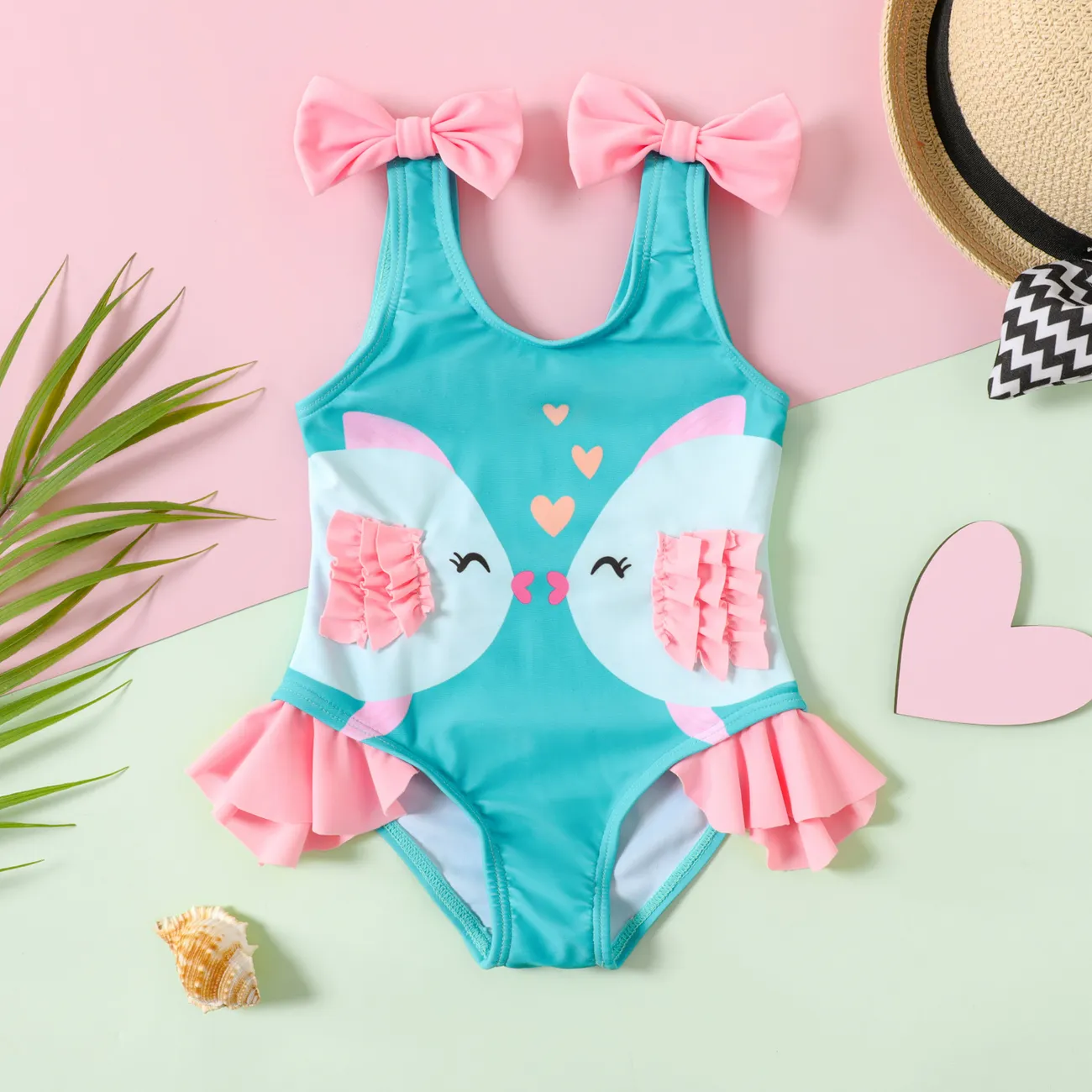 Baby Girl Fish Print Bow Decor Ruffle Trim One-piece Swimsuit Multi-color big image 1