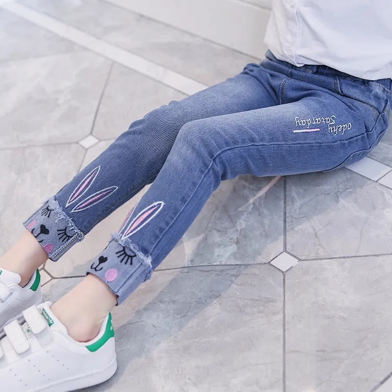 Kid Girl Rabbit Embroidered Elasticized Cotton Denim Jeans