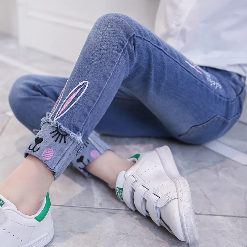 Kid Girl Rabbit Embroidered Elasticized Cotton Denim Jeans  image 2