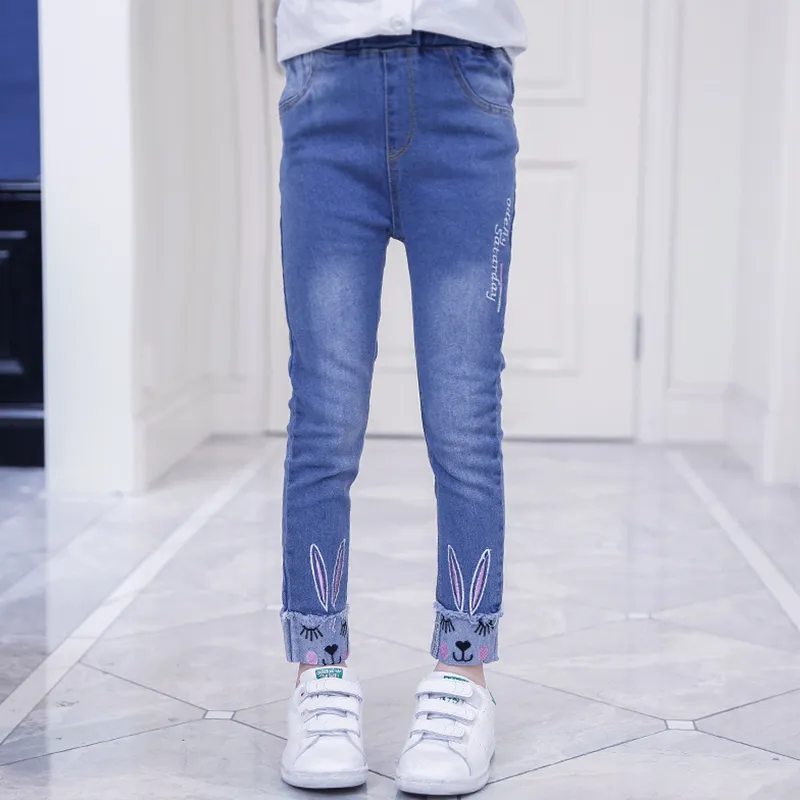 Kid Girl Rabbit Embroidered Elasticized Cotton Denim Jeans  image 3