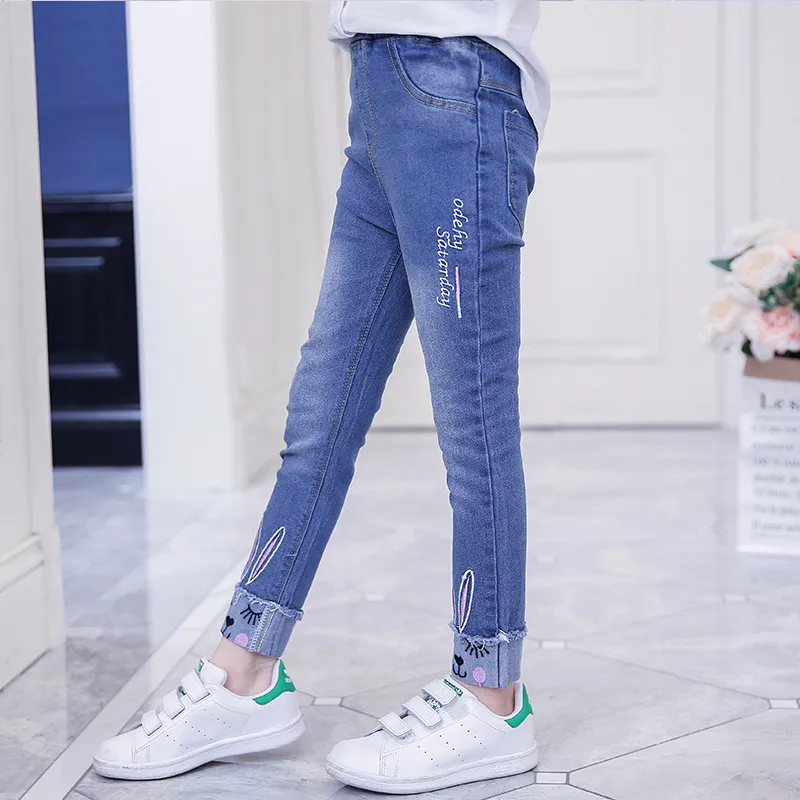 Kid Girl Rabbit Embroidered Elasticized Cotton Denim Jeans  image 4