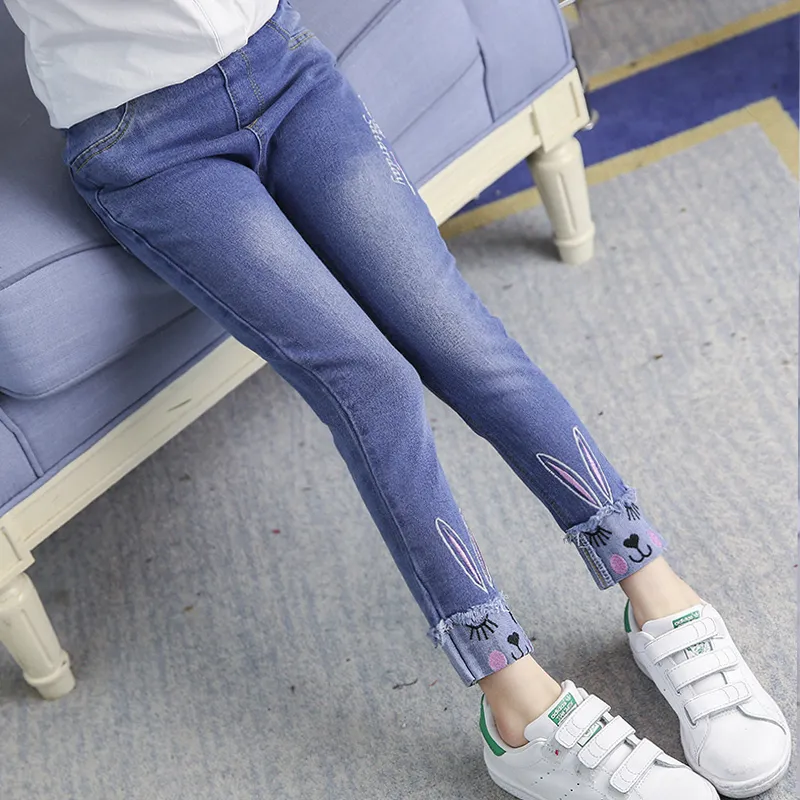 Kid Girl Rabbit Embroidered Elasticized Cotton Denim Jeans  image 5