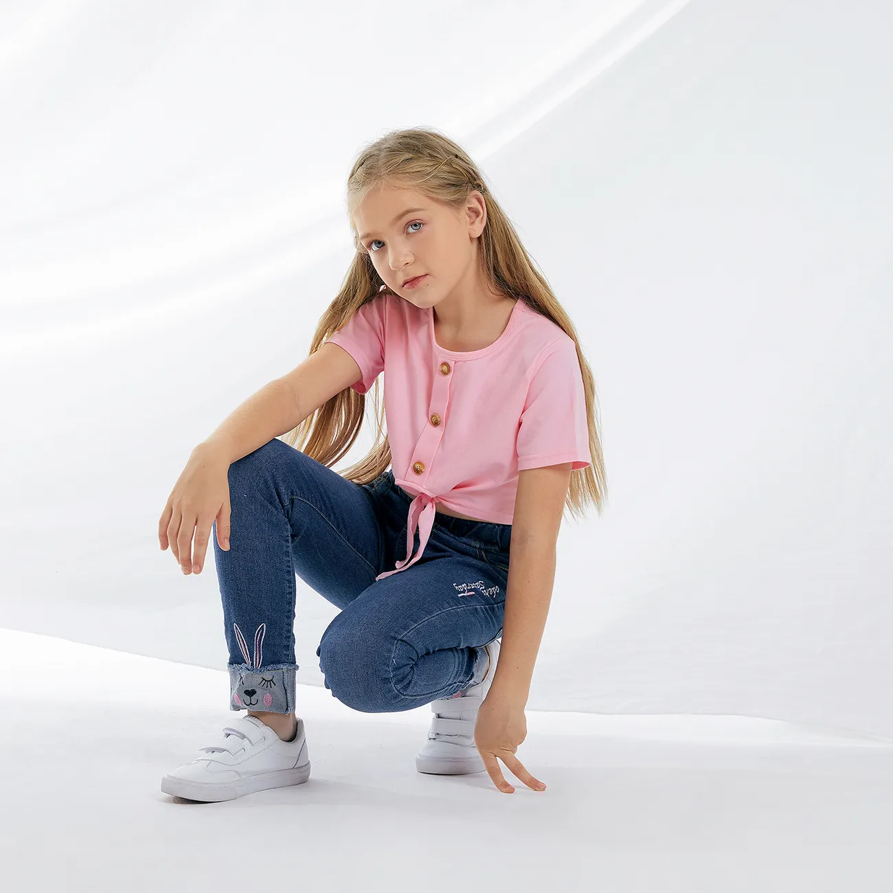 Kid Girl Rabbit Embroidered Elasticized Cotton Denim Jeans DENIMBLUE big image 1