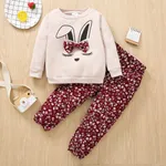 2pcs Toddler Girl Rabbit Print Bowknot Design Sweatshirt and Floral Print Pants Set WineRed