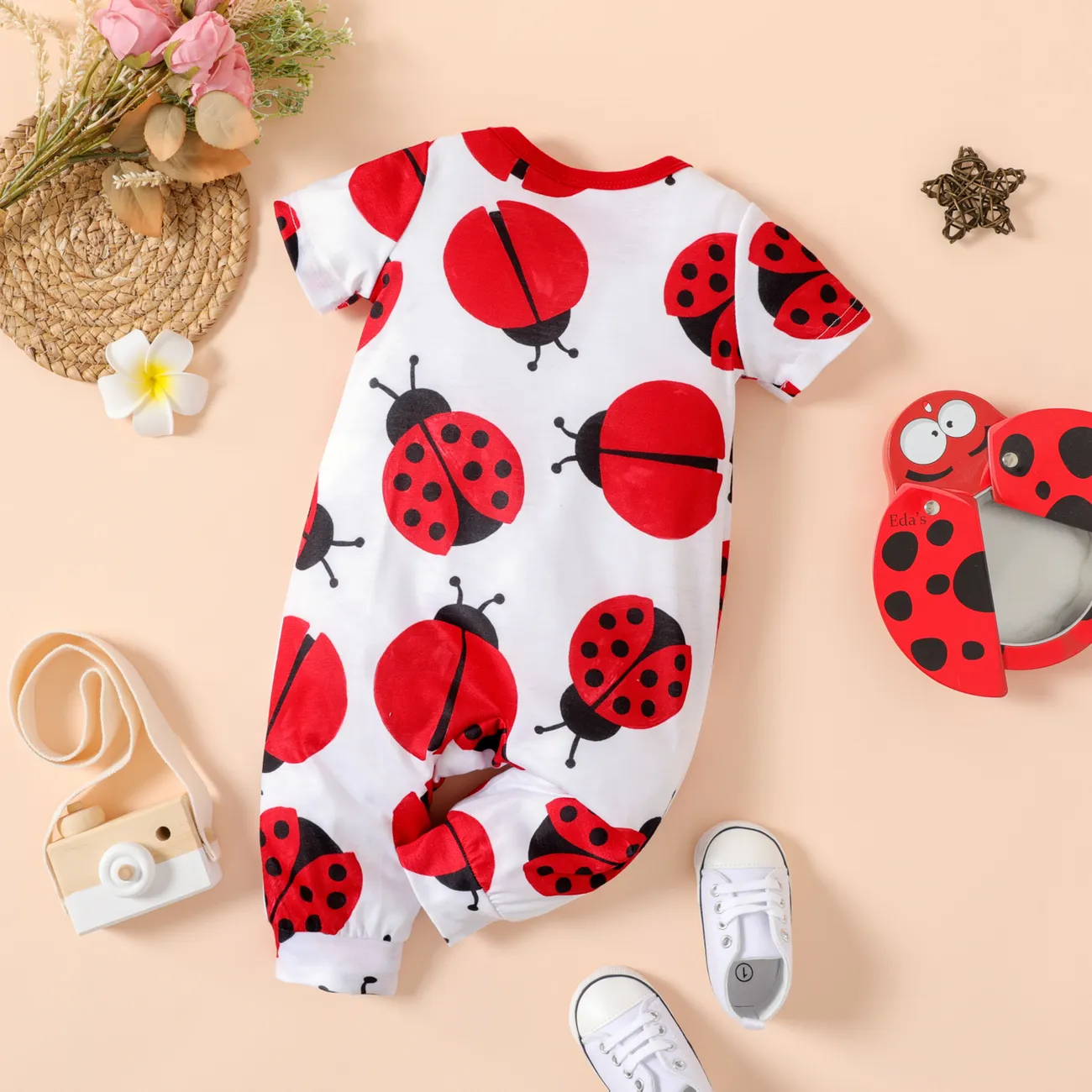 Naia™ Baby Girl Allover Bee/Ladybird Print Short-sleeve Jumpsuit Red-2 big image 1