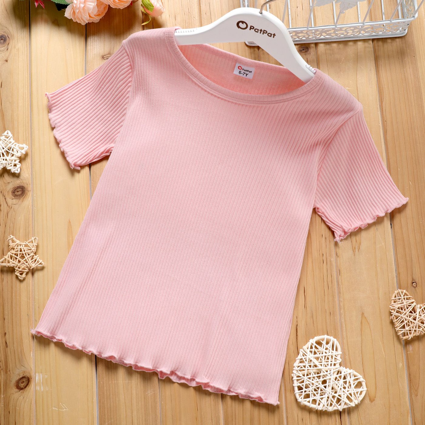 

Kid Girl Lettuce Trim Ribbed Solid Color Short-sleeve Cotton Tee