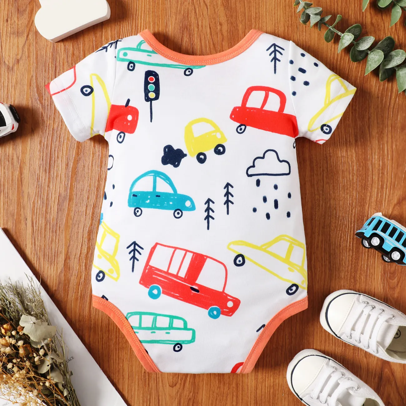 Naia™ Baby Boy Colorful Striped or Vehicle Print Short-sleeve Romper White big image 1