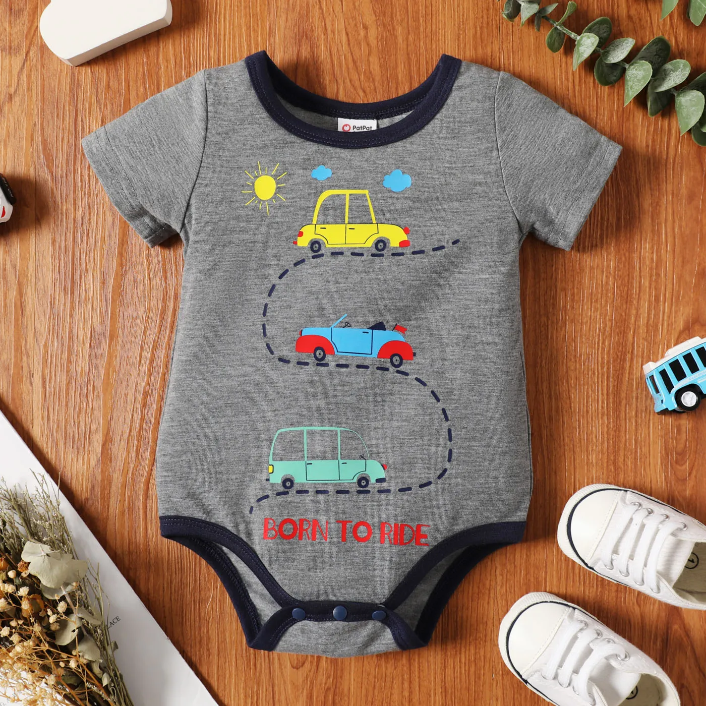 Naia™ Baby Boy Colorful Striped or Vehicle Print Short-sleeve Romper Grey