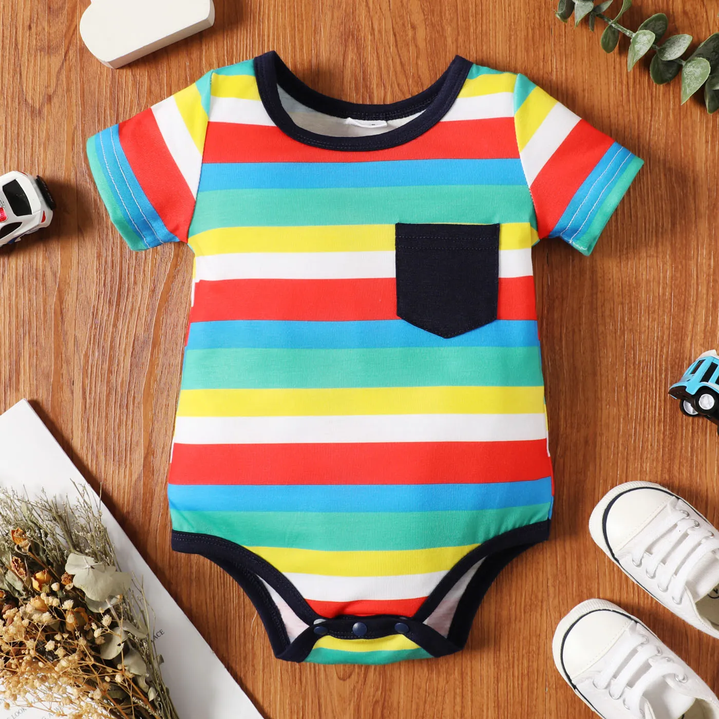 Naiatm Baby Boy Colorful Striped or Vehicle Print Short-sleeve Romper