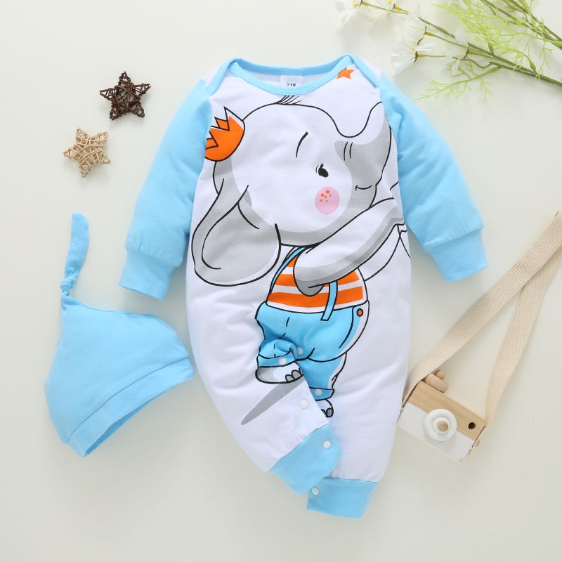 

2pcs Baby Boy/Girl Cotton Contrast Long-sleeve Elephant Print Jumpsuit & Hat Set