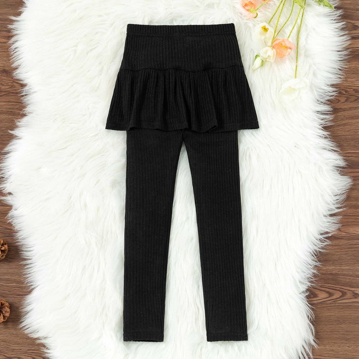 

Kid Girl Solid Color Ribbed Skirt Leggings