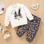 2pcs Baby Girl Rabbit Graphic Long-sleeve Cotton Sweatshirt and Floral Print Pants Set Black