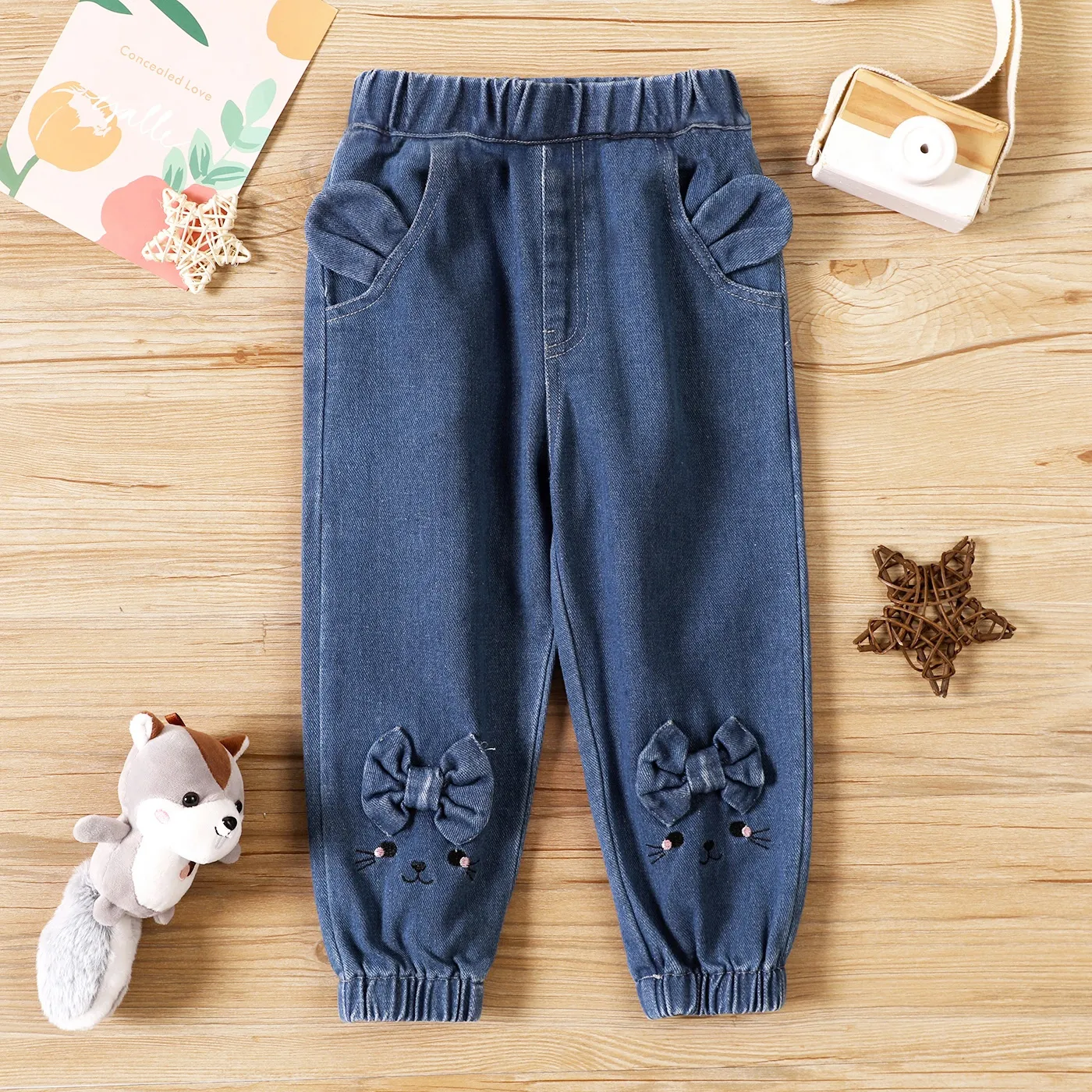 Toddler Girl Bowknot Embroidered Elasticized Cotton Denim Jeans