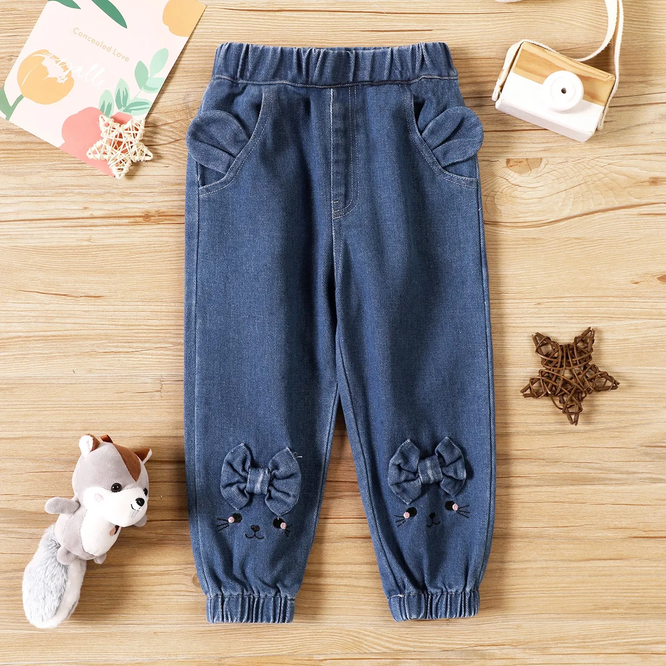 Toddler Girl Bowknot Embroidered Elasticized Cotton Denim Jeans  big image 1