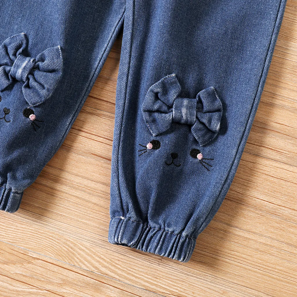 Toddler Girl Bowknot Embroidered Elasticized Cotton Denim Jeans  image 5
