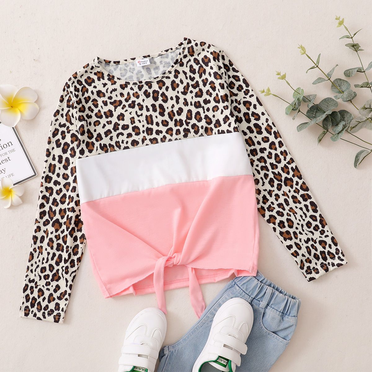 

Naia Kid Girl Leopard Print Colorblock Tie Knot Long-sleeve Tee