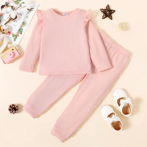 Eco-friendly RPET Fabric 2pcs Toddler Girl Ruffled Waffle Solid Color Long-sleeve Tee and Pants Set