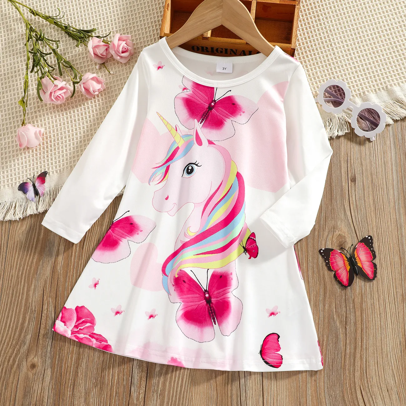 Naia Toddler Girl Unicorn Print Long-sleeve Dress White big image 1