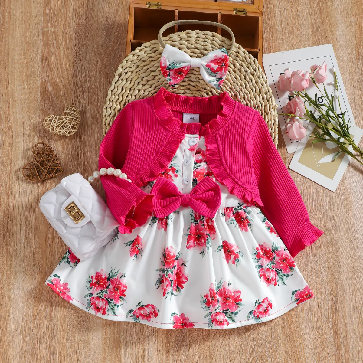 2 unidades Bebé Peça dois em um Flor grande Bonito Manga comprida Vestidos Roseo big image 1
