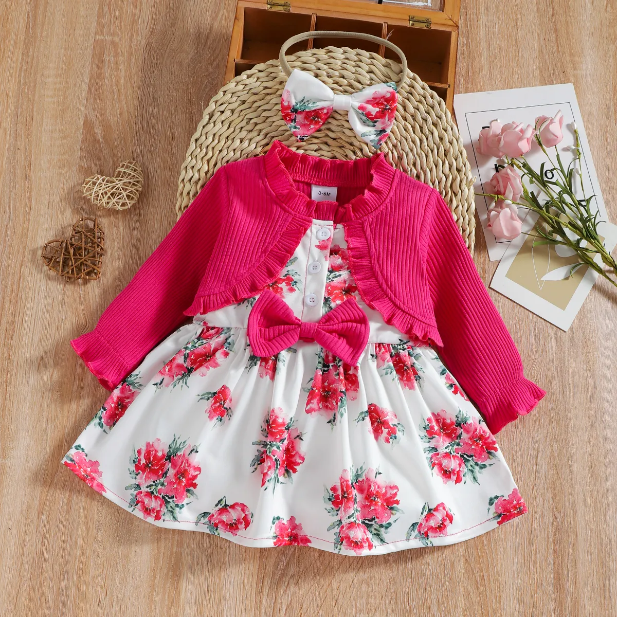 2 unidades Bebé Peça dois em um Flor grande Bonito Manga comprida Vestidos Roseo image 2