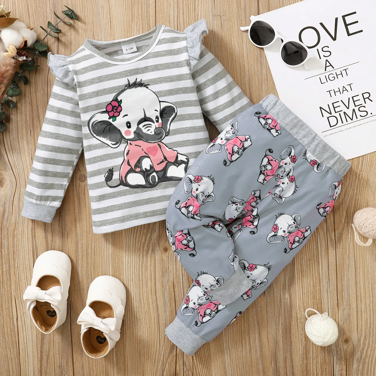2pcs Baby Girl 95% Cotton Ruffle Long-sleeve Striped Tee And Allover Elephant Print Naiaâ¢ Pants Set