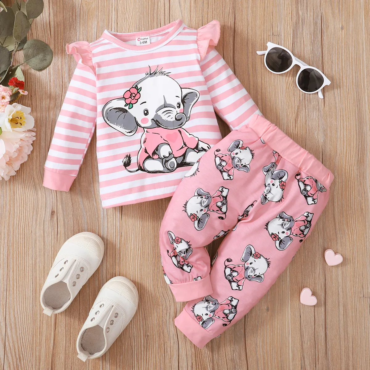 2pcs Baby Girl 95% Cotton Ruffle Long-sleeve Striped Tee and Allover Elephant Print Naia™ Pants Set