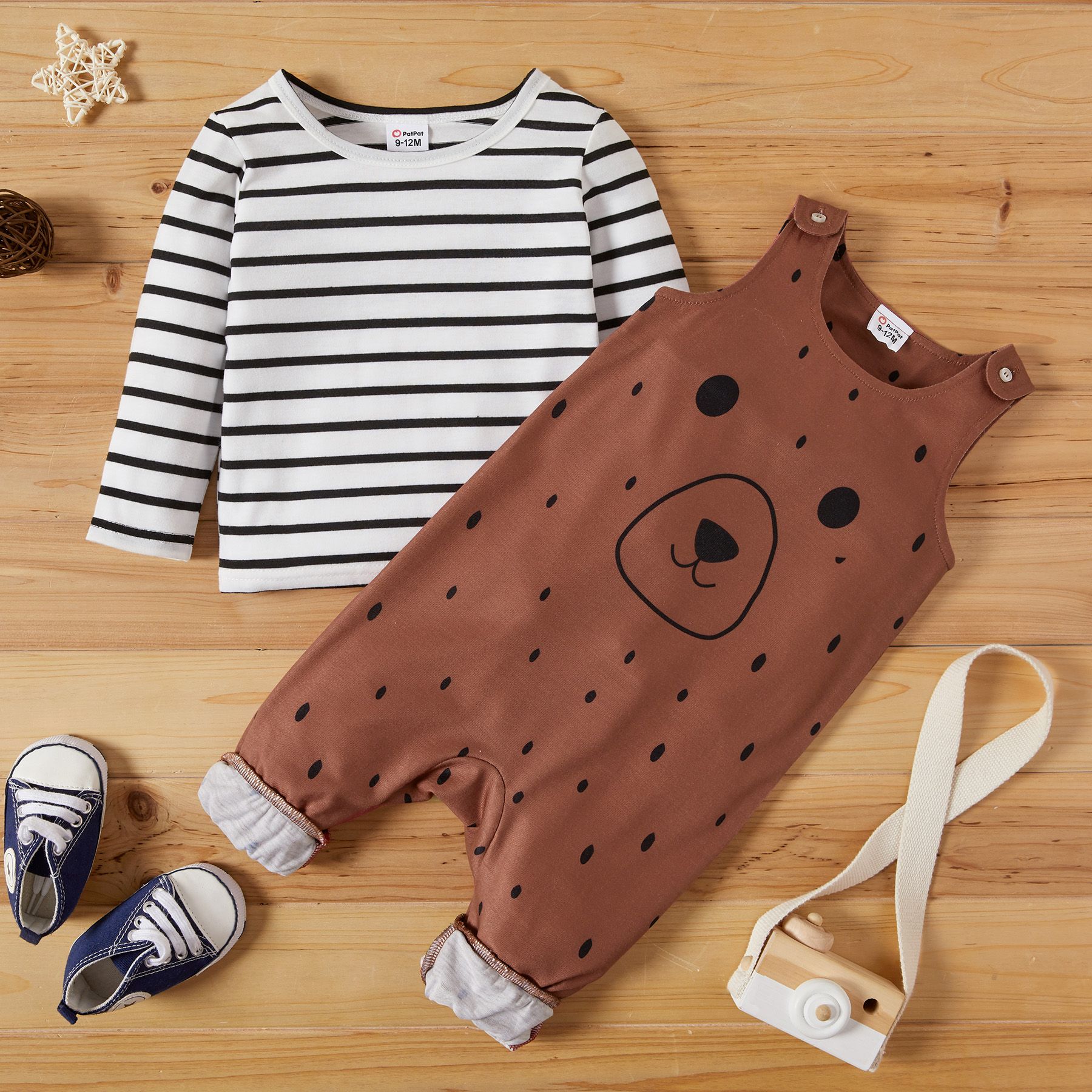 2pcs Baby Boy/Girl 95% Cotton Striped Long-sleeve Tee And Bear Print Overalls Set