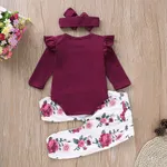 3pcs Baby Girl Solid Cotton Ribbed Ruffle Long-sleeve Romper and Floral Print Naia™ Belted Pants & Headband Set  image 2