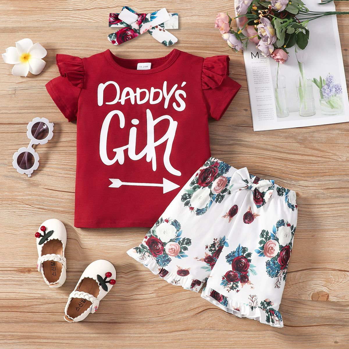 

Naia 2pcs Toddler Girl Letter Print Ruffled Short-sleeve Tee and Floral Print Shorts Set