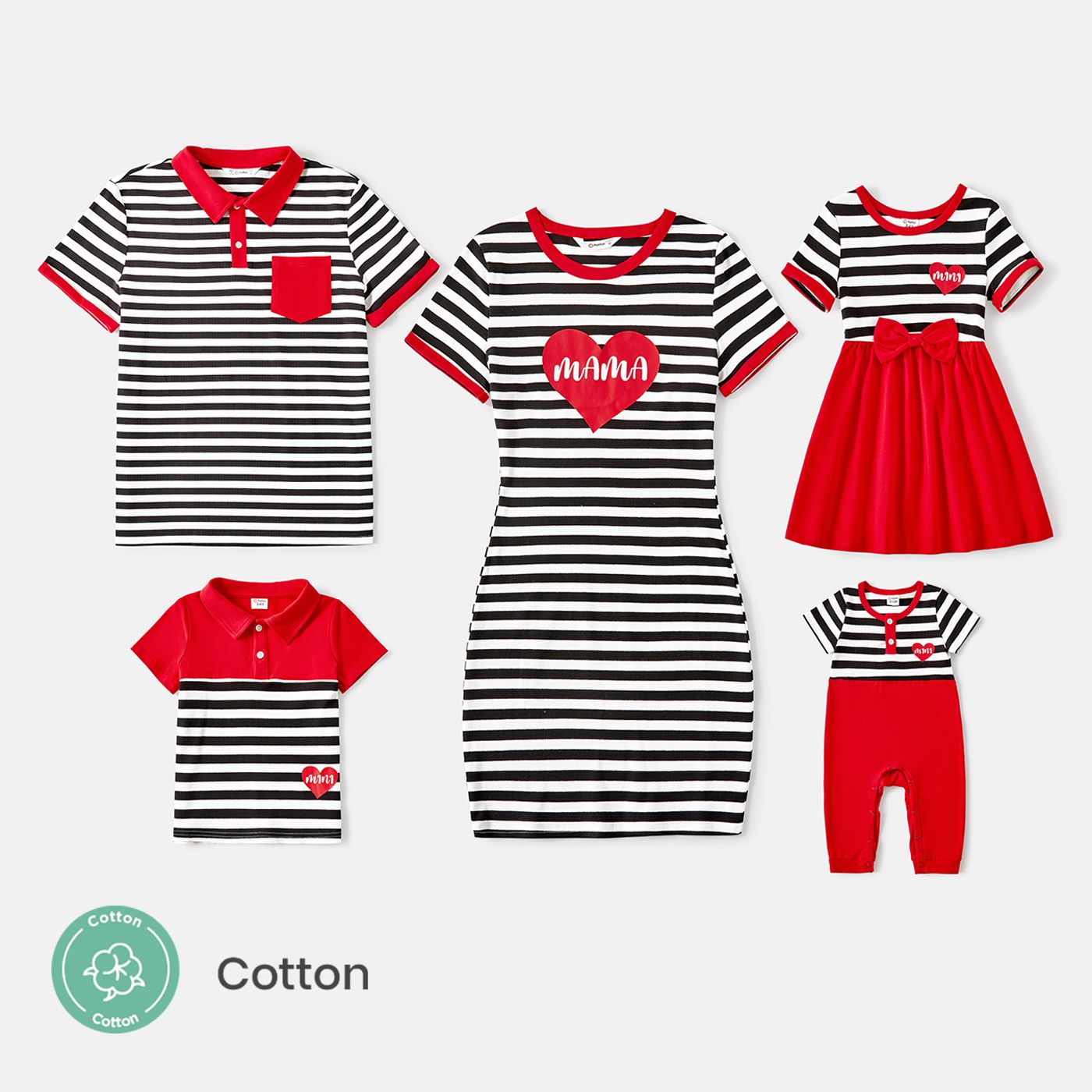 

Family Matching 95% Cotton Striped Short-sleeve Graphic Dresses and Polo Shirts Sets