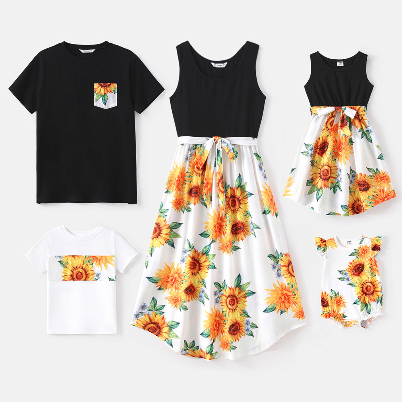 

Family Matching 95% Cotton Short-sleeve Tee and Sunflower Print Spliced Tank Dresses Sets