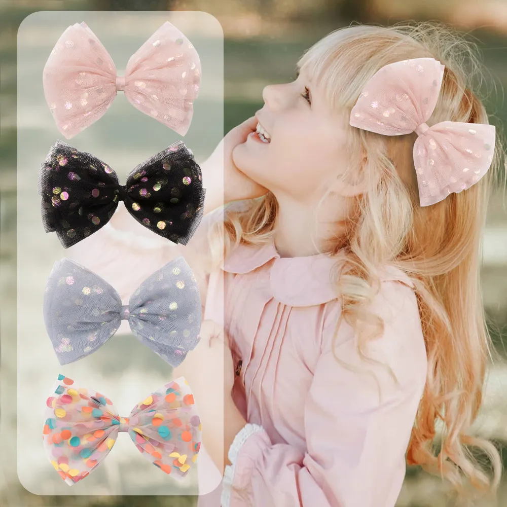 Polka Dots Decor Mesh Bow Hair Clip for Girls Multi-color big image 1