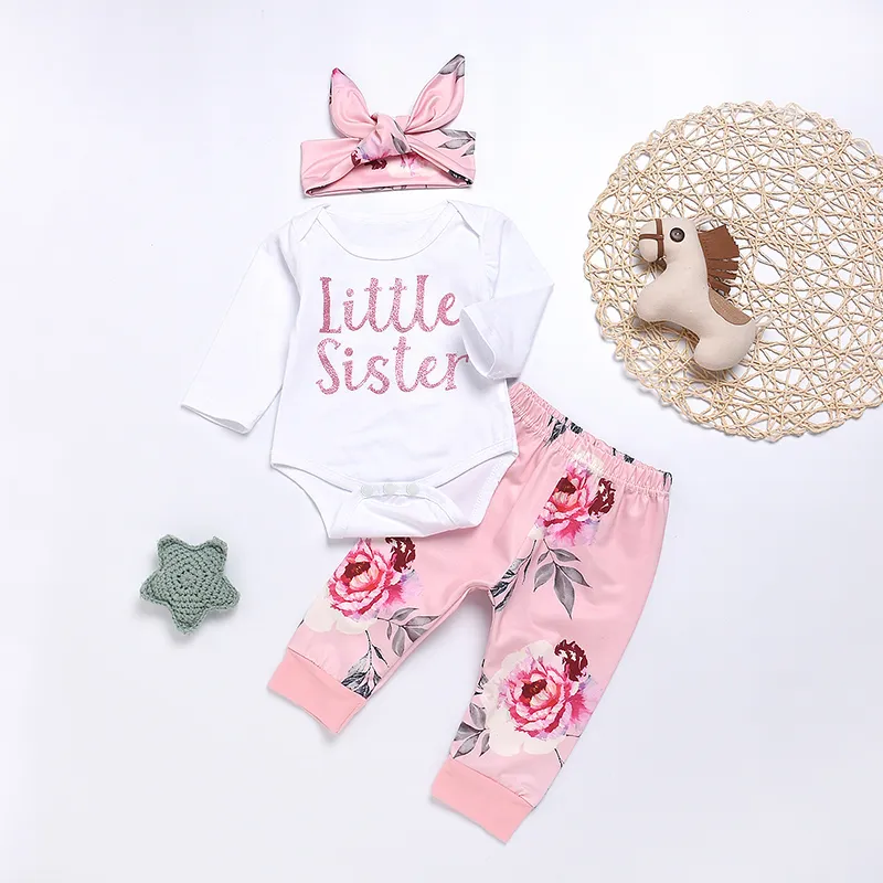 3pcs Baby Girl Cotton Long-sleeve Letter Graphic Romper and Floral Print Naia™ Pants & Headband Set  image 2