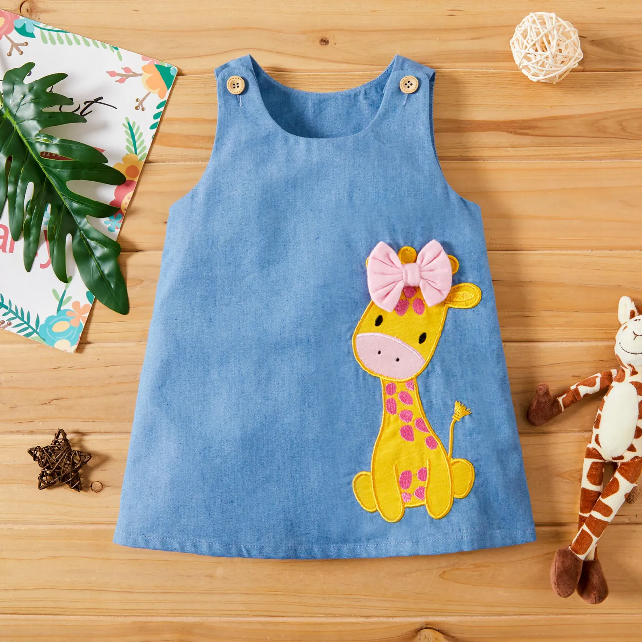 Baby Girl Giraffe Embroidered Imitation Denim Tank Dress Blue big image 1