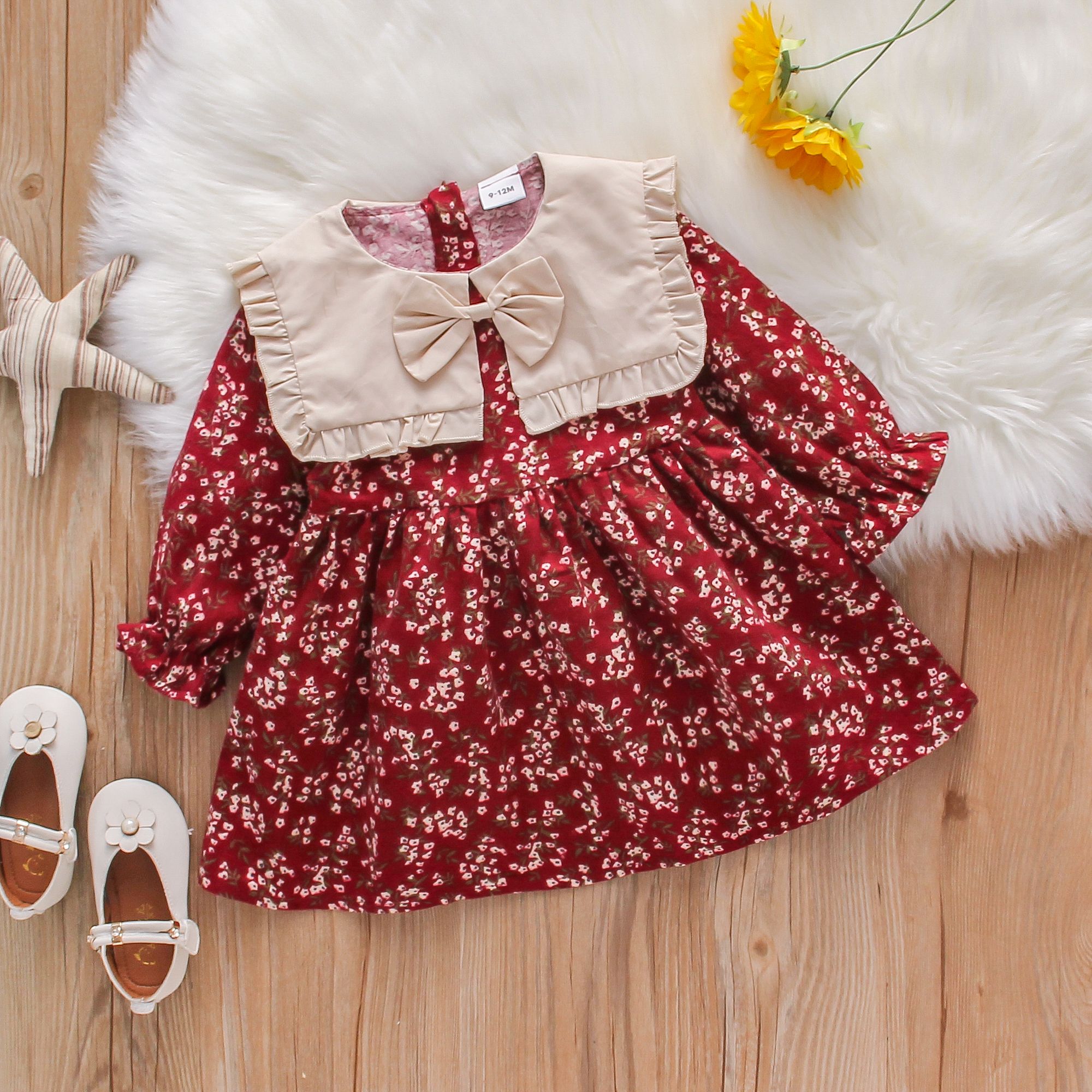 Baby Girl Contrast Statement Collar Allover Floral Print Dress