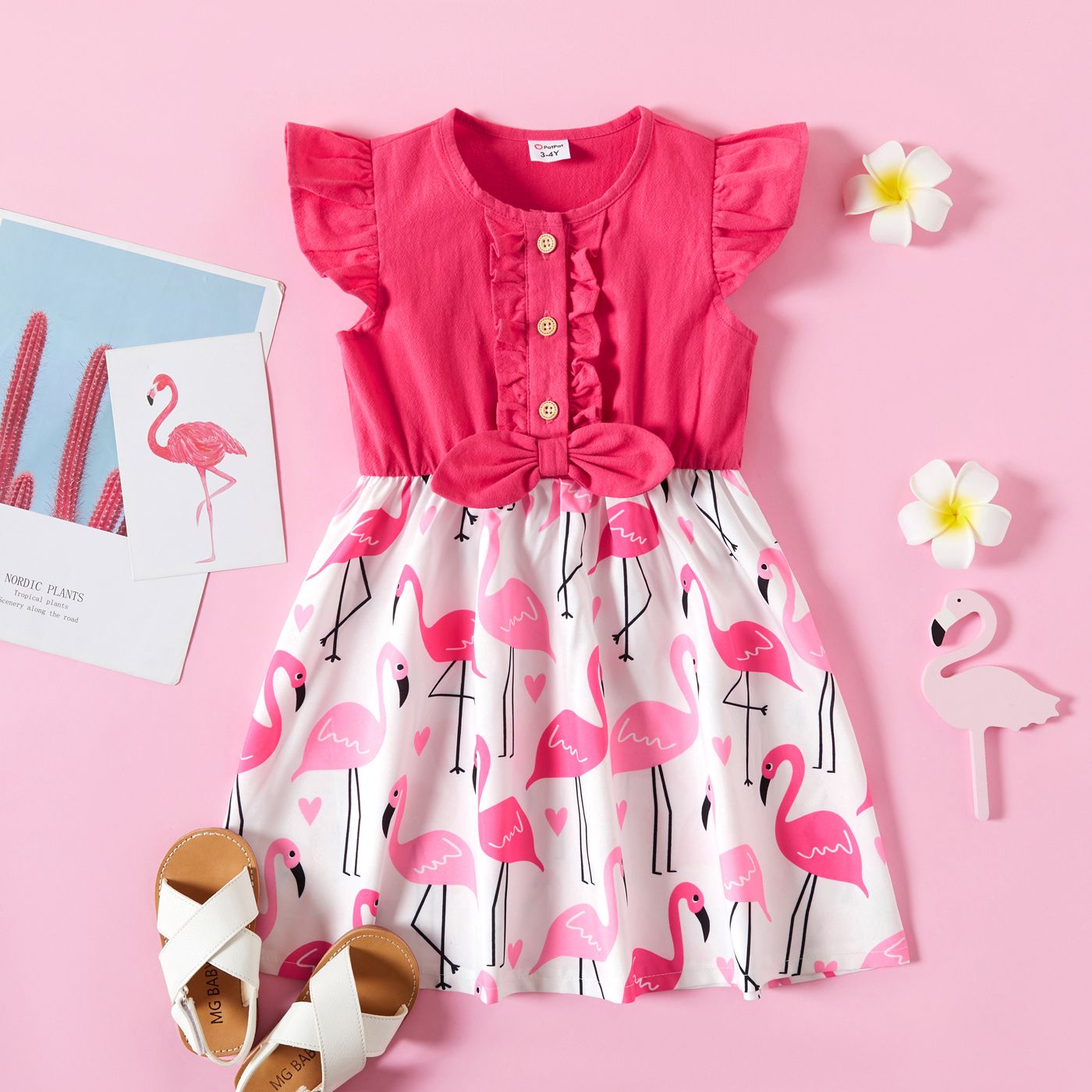 

Toddler Girl Ruffled Flamingo Print Bowknot Design Flutter-sleeve Dress