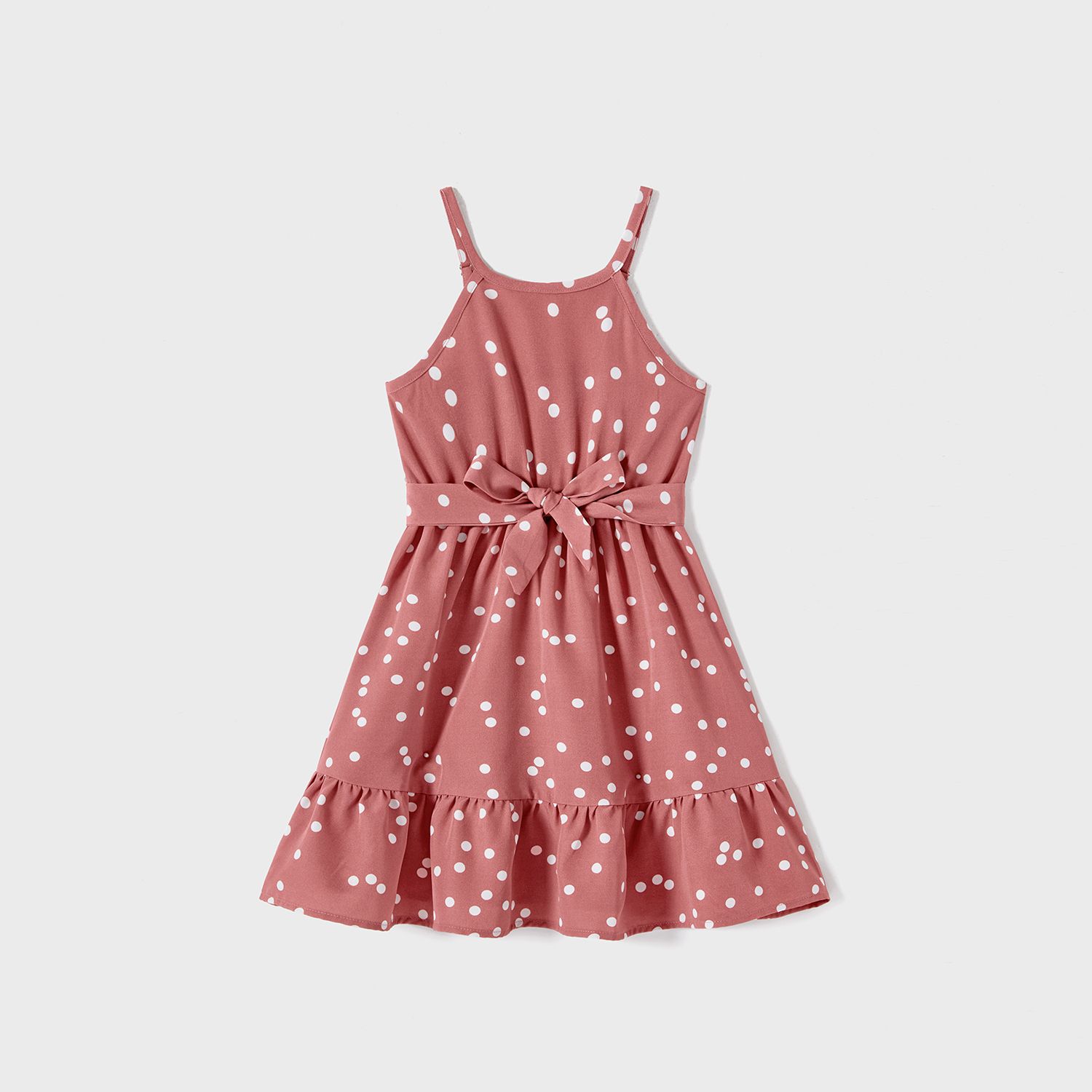 Family Matching Cotton Short-sleeve Striped T-shirts And Polka Dot Print Halter Ruffle Trim Dresses Sets