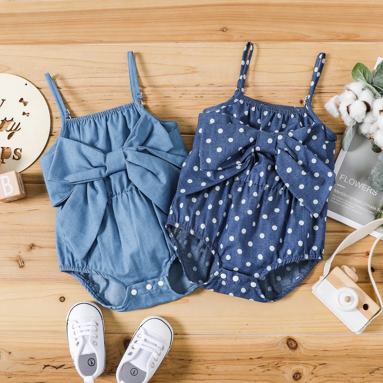 Baby Girl 100% Cotton Solid or Polka Dots Print Bow Front Cami Romper Deep Blue big image 1