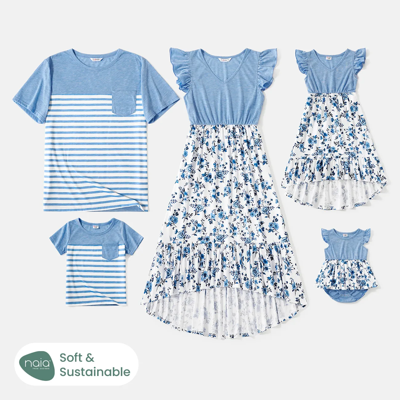 Family Matching Floral Print High Low Hem Flutter-sleeve Spliced Naia™ Dresses and Short-sleeve Striped T-shirts Sets Light Blue big image 1