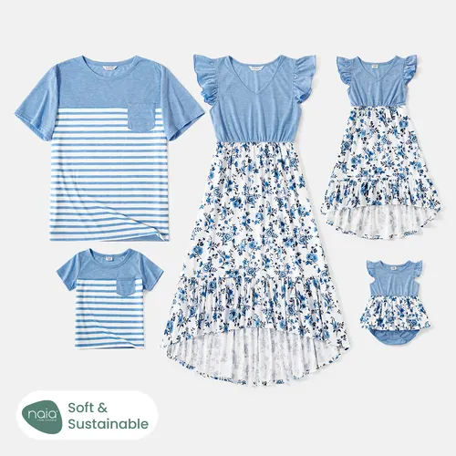 Family Matching Floral Print High Low Hem Flutter-sleeve Spliced Naia™ Dresses and Short-sleeve Striped T-shirts Sets
