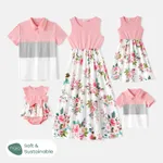 Family Matching 95% Cotton Short-sleeve Colorblock Polo Shirts and Floral Print Naia™ Spliced Tank Dresses Sets Pink image 2