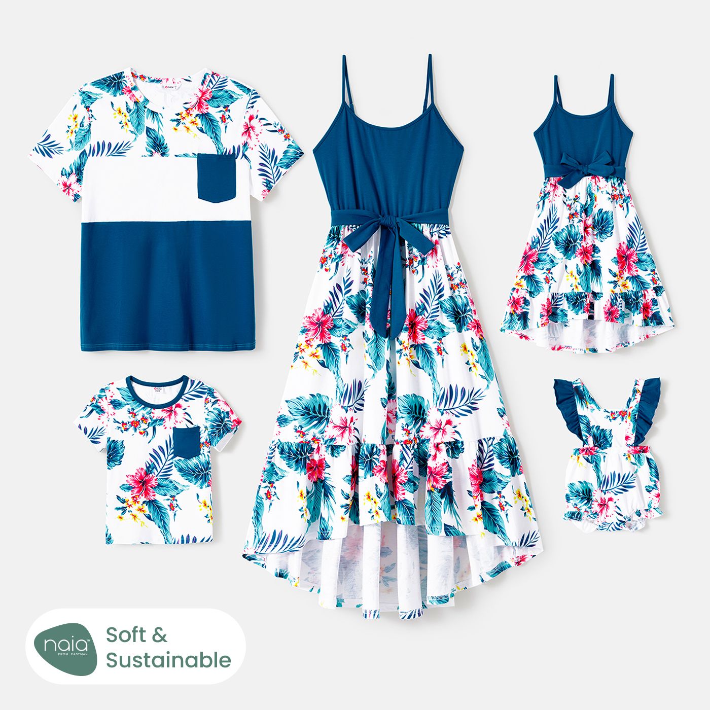 

Family Matching Cotton Solid Spliced Plant Print High Low Hem Belted Naia™ Cami Dresses and Short-sleeve T-shirts Sets