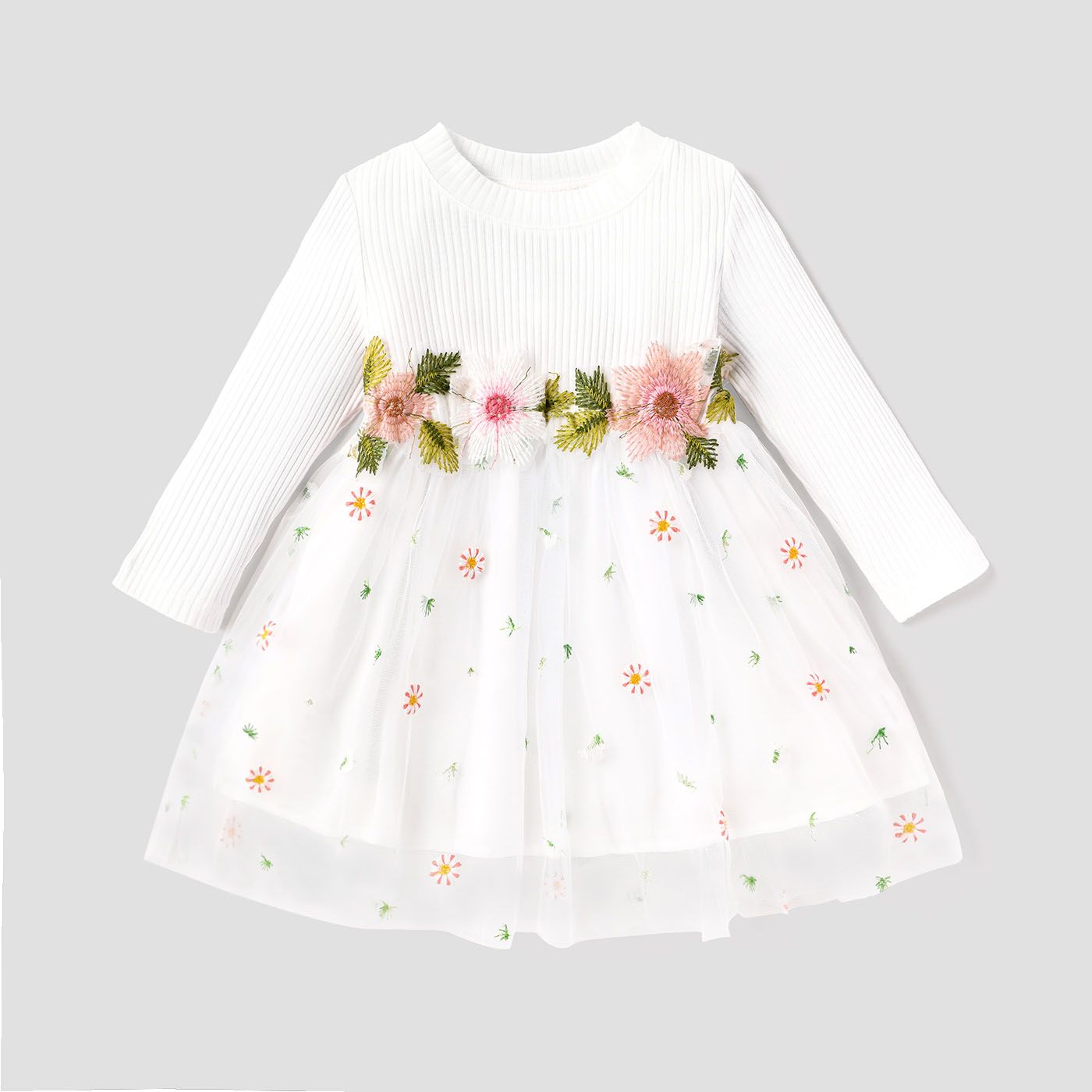 Baby Girl Cotton Long-sleeve Floral Embroidered Ribbed Spliced Mesh Fairy Dress