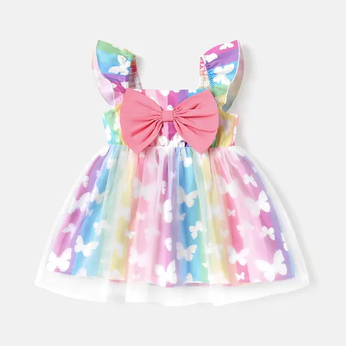 Baby Girl Bow Decor Butterfly Pattern Mesh Panel Flutter-sleeve Dress  